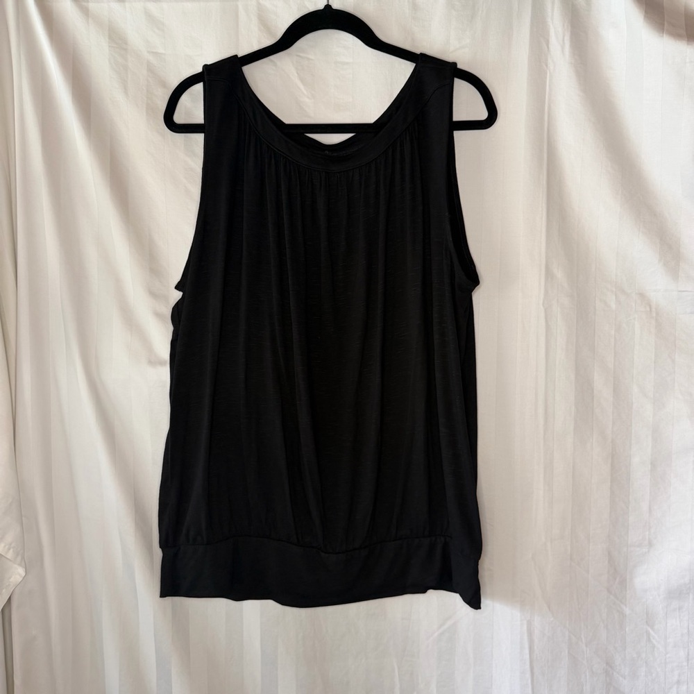Loft Women's Sleeveless Ruched Blouse Size XL Black Scoop Neck Elastic Waist